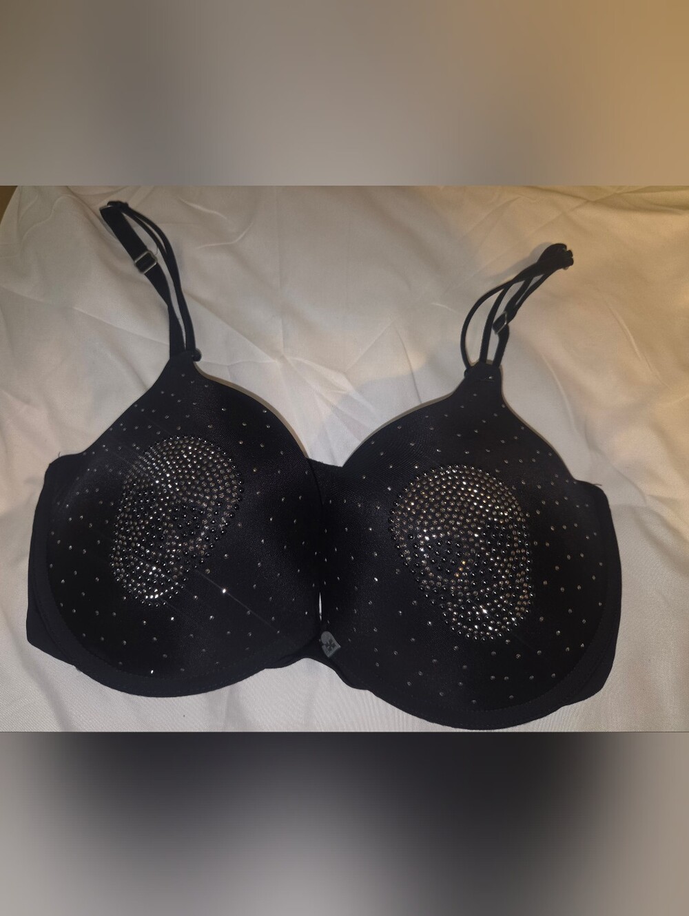 BLACK HEART Black Embellished Underwire Bra with Rhinestone Skull Detail,34DD